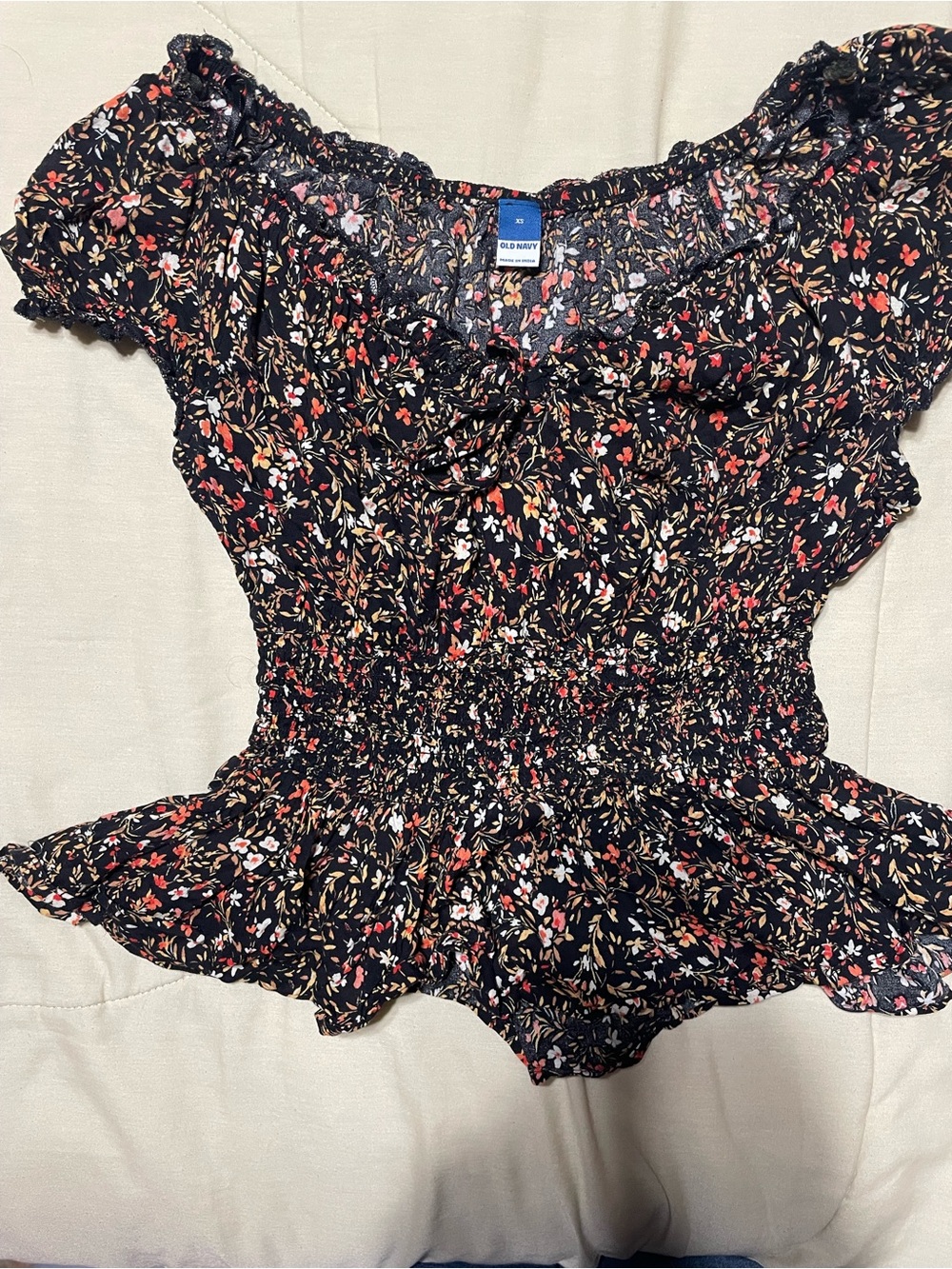 Old Navy Black Floral Smocked Peplum Blouse